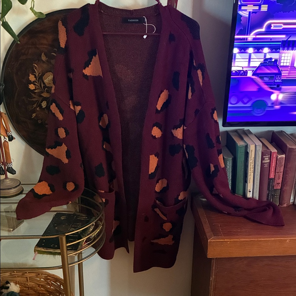 Women's Burgundy Leopard Print Sweater